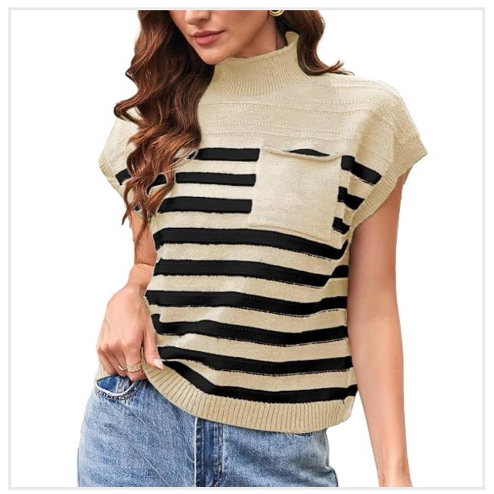 Grace Karin Striped Mock Neck Knit Sweater Vest XL | Beige & Black Pullover Top